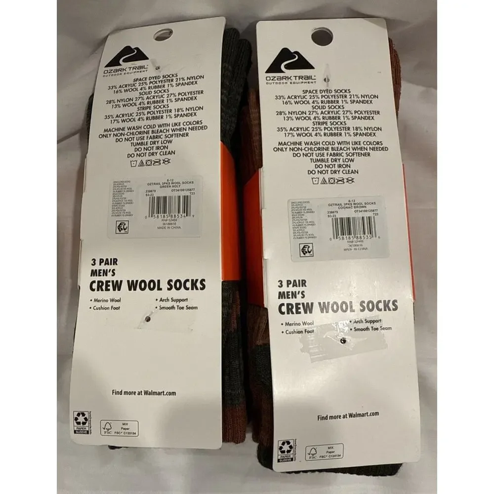 3‎ Pairs Ozark Trail Crew Socks Wool Blend Brown Green Men's Size 6-12 x 2